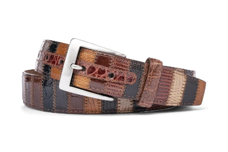 Alligator & Lizard Vertical Patchwork Belt with Nickel Buckle