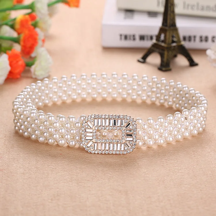 Fashion belt with feather trim-All-match Decorative Elastic Pearl Belt Girls Beautiful Fashion Elastic Waist Seal