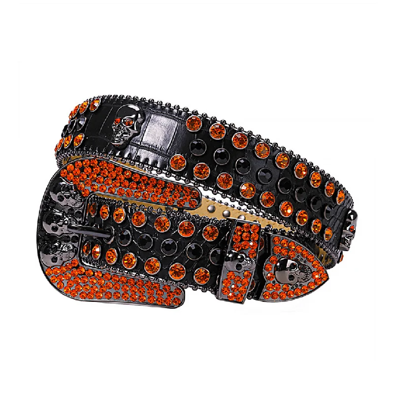 belt buckle same day-Skull Buckle Black Strap With Black & Orange Rhinestone Belt