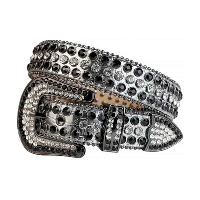 belt buckle etsy store-Silver Strap With White & Black Studded Rhinestone Belt