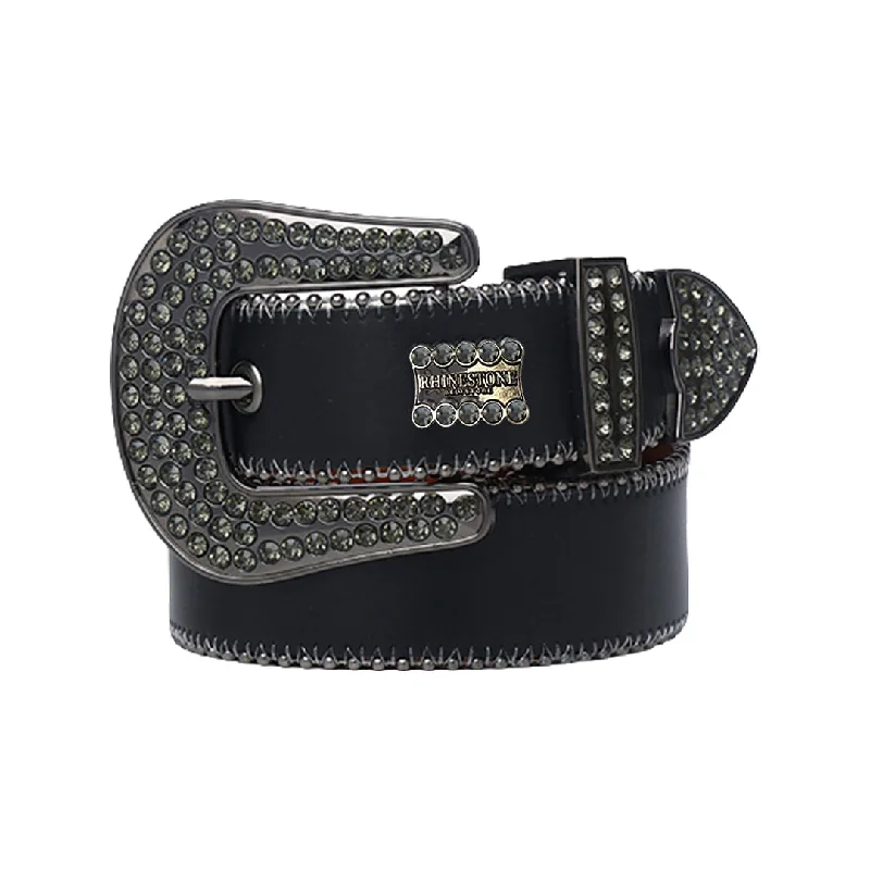 belt buckle garage sale-Black Strap With Grey Stone & Rhinestone Logo Belt