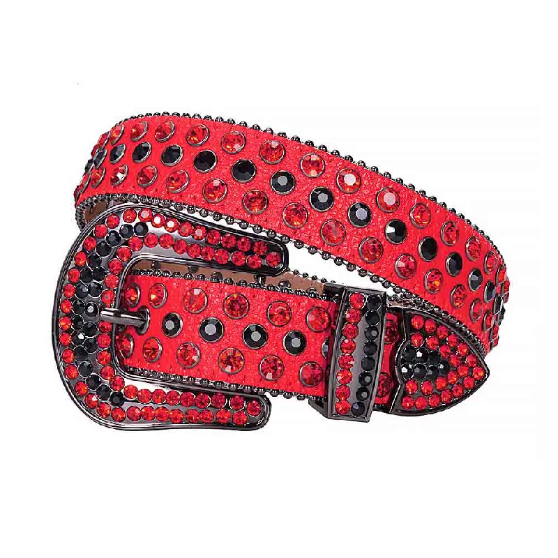 belt buckle express order-Red Strap With Crystal Red & Black Rhinestone Belt