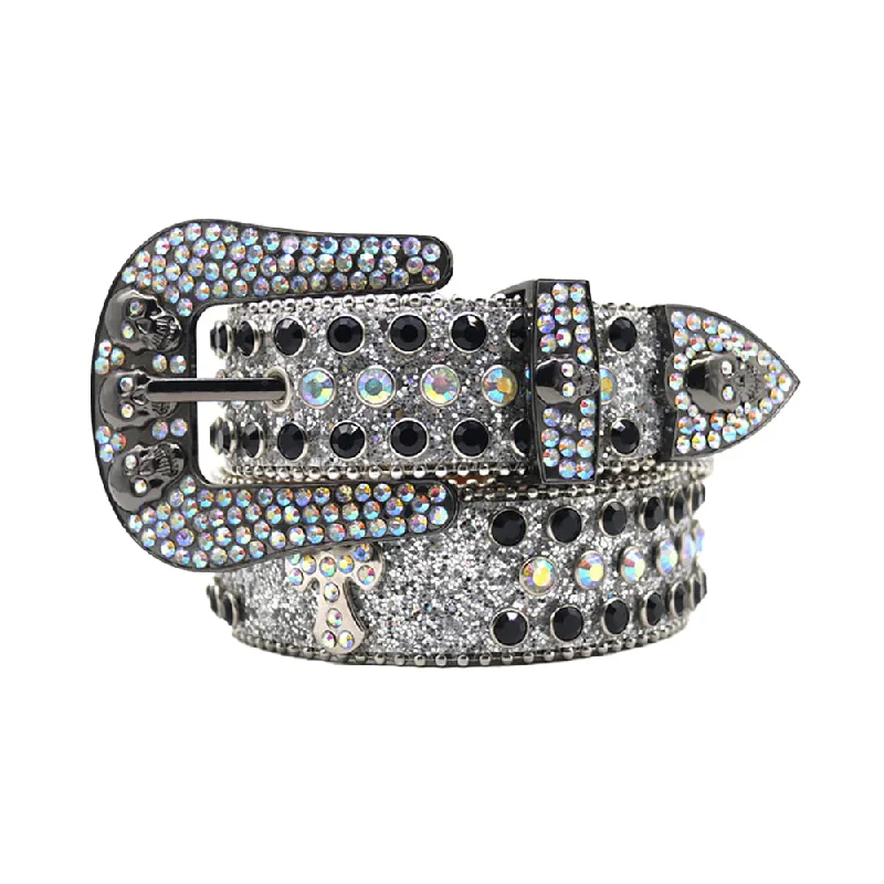 belt buckle loyalty reward-Silver Skull With Black & Multi Rhinestone Belt