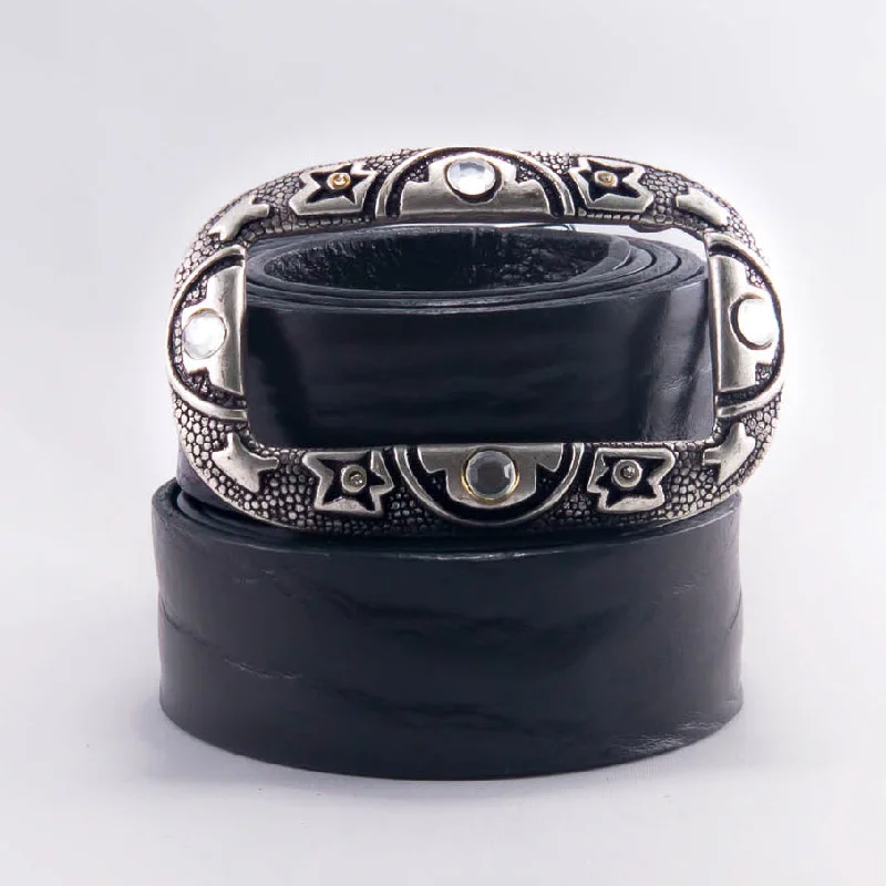 Black Leather Belt for men-Silver Frame With Crystals Belt Buckle