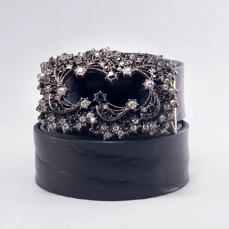 Black Leather Belt for borrower-Crystal Garden Belt Buckle