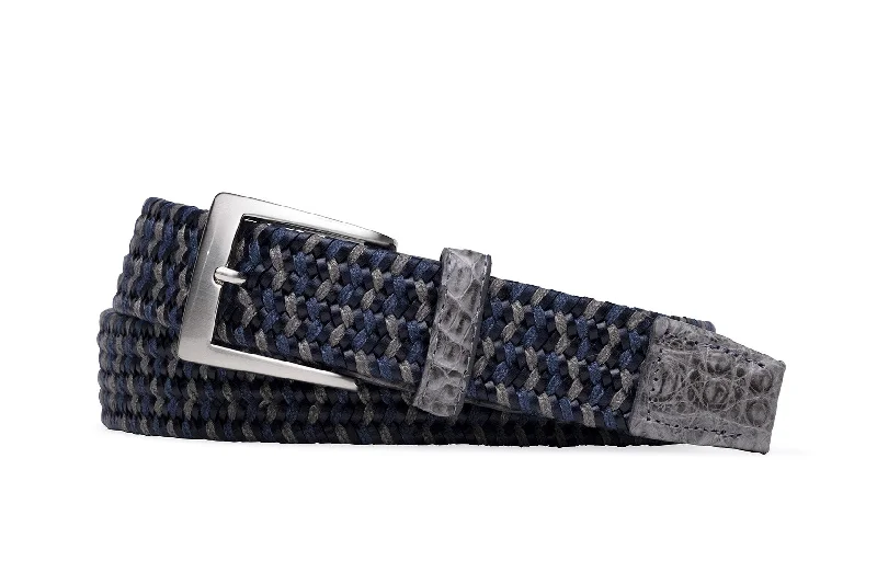 Denim Mix Leather Stretch Belt with Croc Tabs and Brushed Nickel Buckle