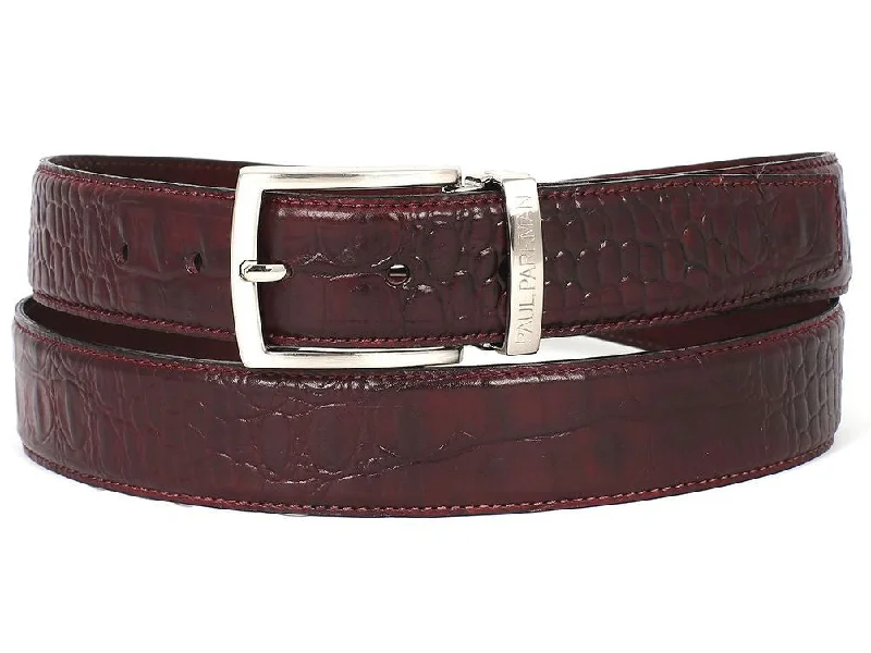 Mens Belts double-prong-PAUL PARKMAN Men's Croc Embossed Calfskin Belt Dark Bordeaux (ID#B02-DBRD)