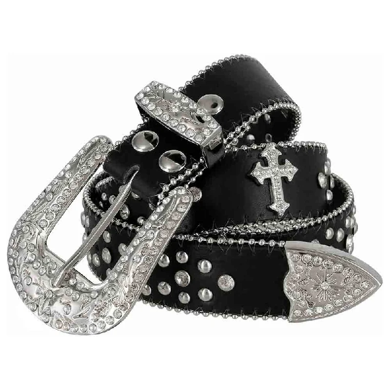 belt buckle team uniform-Black Cross Stones With Studs And White Stones Studded Rhinestones Belts