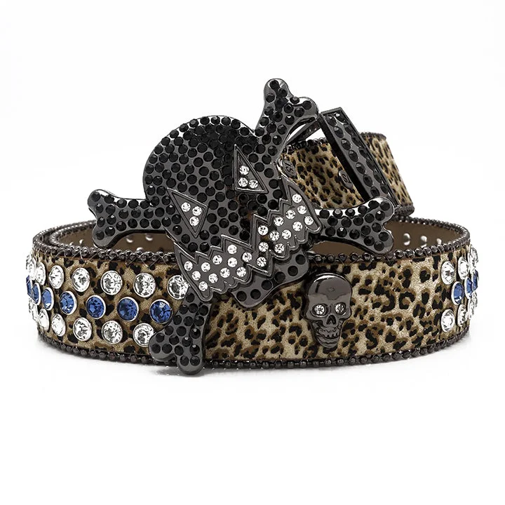 belt buckle barrel racing-Gengar Buckle Leopard Strap Belt with Black Studded Rhinestones