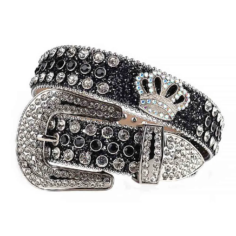 belt buckle dent resistant-Sm  Rhinestones Black Leather Strap Belts Crystal White And Black Stones With Crown