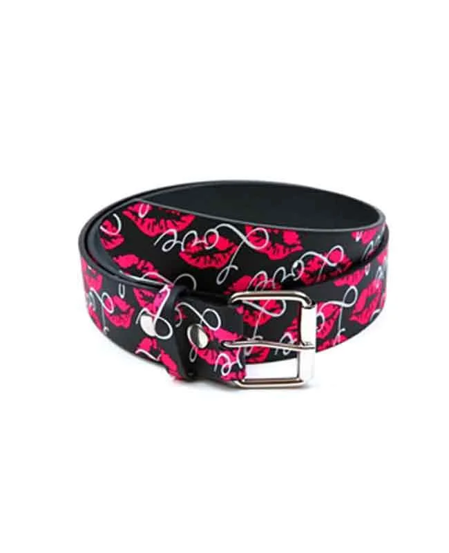 Fashion belt with oxidized finish-Fashion Pink Love Kiss Mark Print Belt