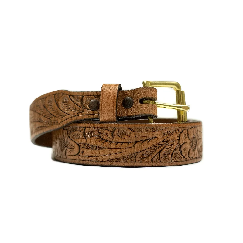 Hand tooled leather belt in cognac (restock)