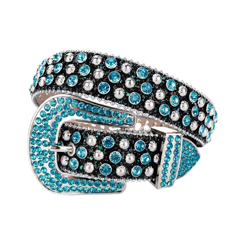 belt buckle upcycled design-Black Strap With Aqua & Crystal Rhinestone Belt