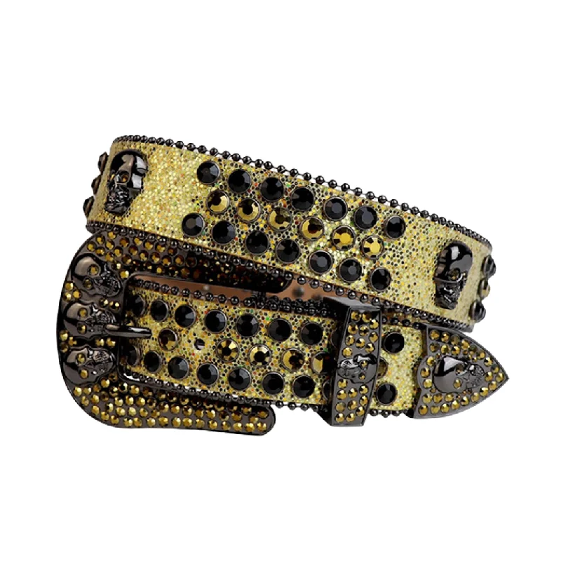 belt buckle fair trade-Skull Buckle Gold Strap With Black & Gold Shiny Rhinestone Belt