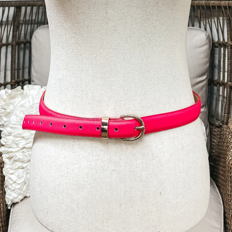 Fashion belt with abstract print-Happy Attitude Skinny Fashion Belt with Gold Tone Buckle in Hot Pink