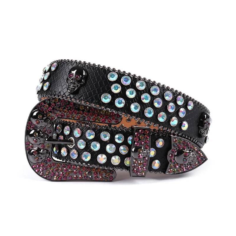 belt buckle small business-Skull Buckle Black Strap With Shiny Multi Rhinestone Belt