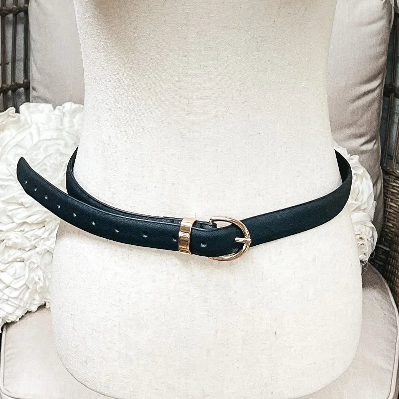 Fashion belt for track pants-Happy Attitude Skinny Fashion Belt with Gold Tone Buckle in Black