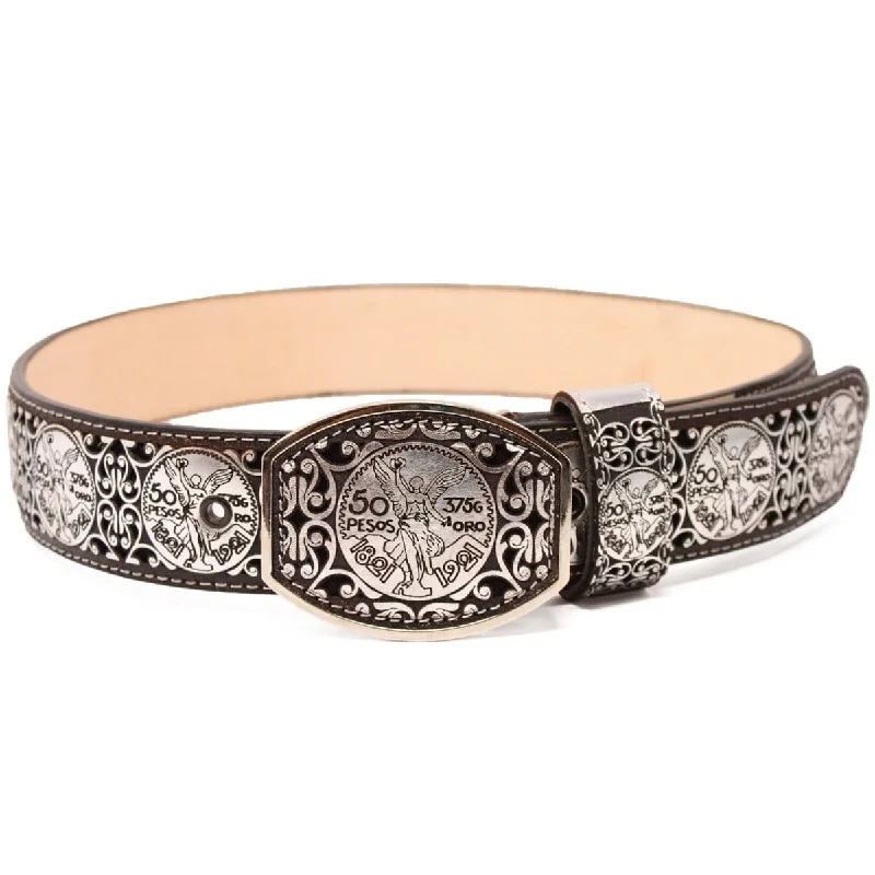 Mens Belts dress-leather-Men's El Centenario Silver Genuine Leather Western Belt Metal Buckle