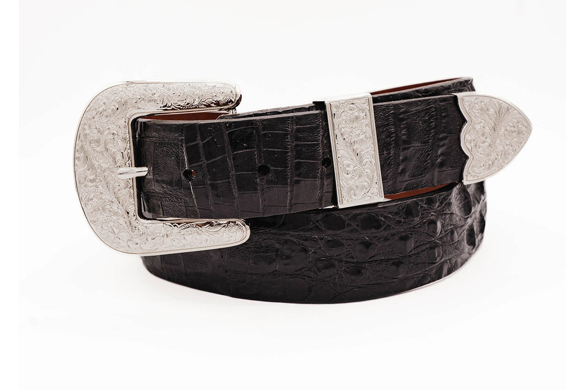 belt buckle tracked package-Black Caiman Hornback "The Taylor" Crocodile Leather Belt