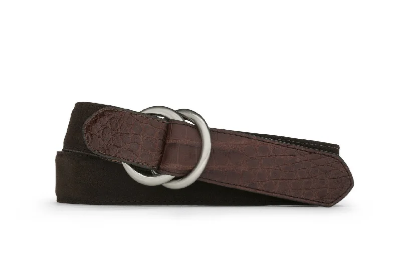 Suede and Caiman Crocodile Belt with O-ring Buckles