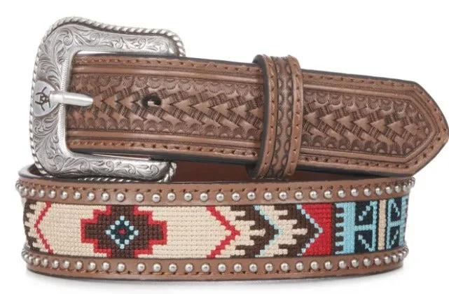 Mens Belts ventilated-ARIAT Men's Brown w/ Aztec & Studs Basketweave Western Belt