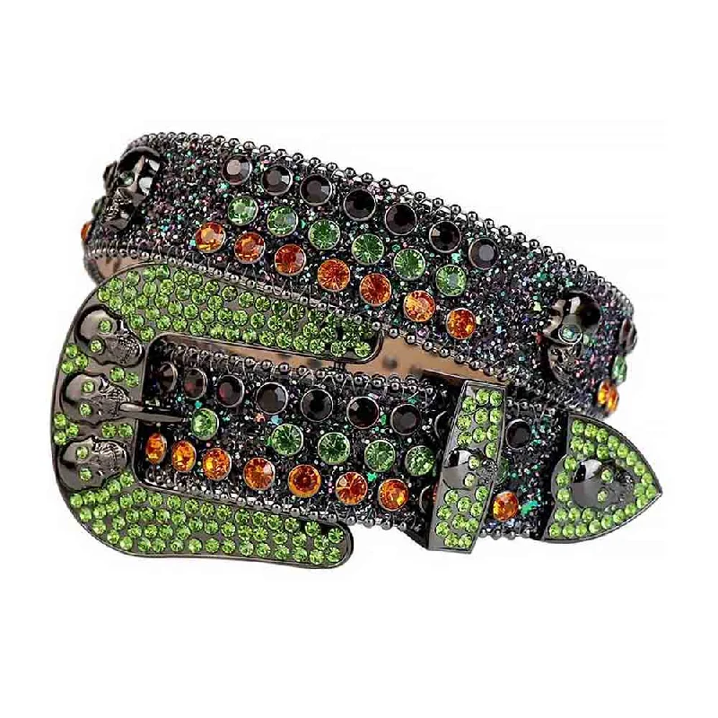 belt buckle vegan option-Rhinestones Glitter Black Leather Belts Skull Buckle With Black Green And Orange Stones