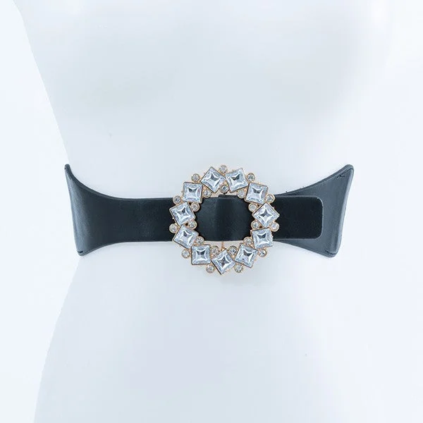 Fashion belt with scallop buckle-CLEAR STONE BUCKLE FASHION BELT