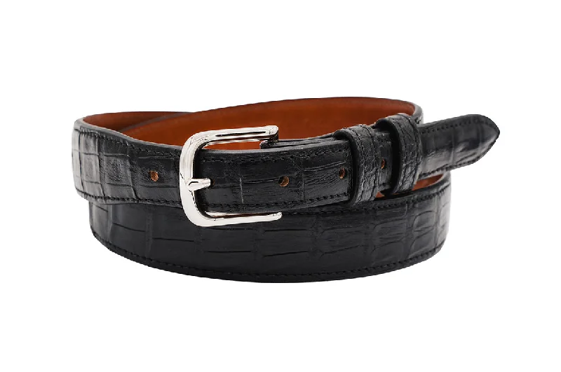 belt buckle handmade local-Black Alligator Leather Tapered Belt