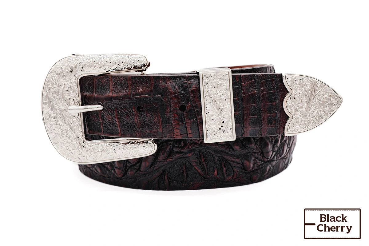 belt buckle sold out-Black Cherry Caiman Hornback "The Taylor" Crocodile Leather Belt