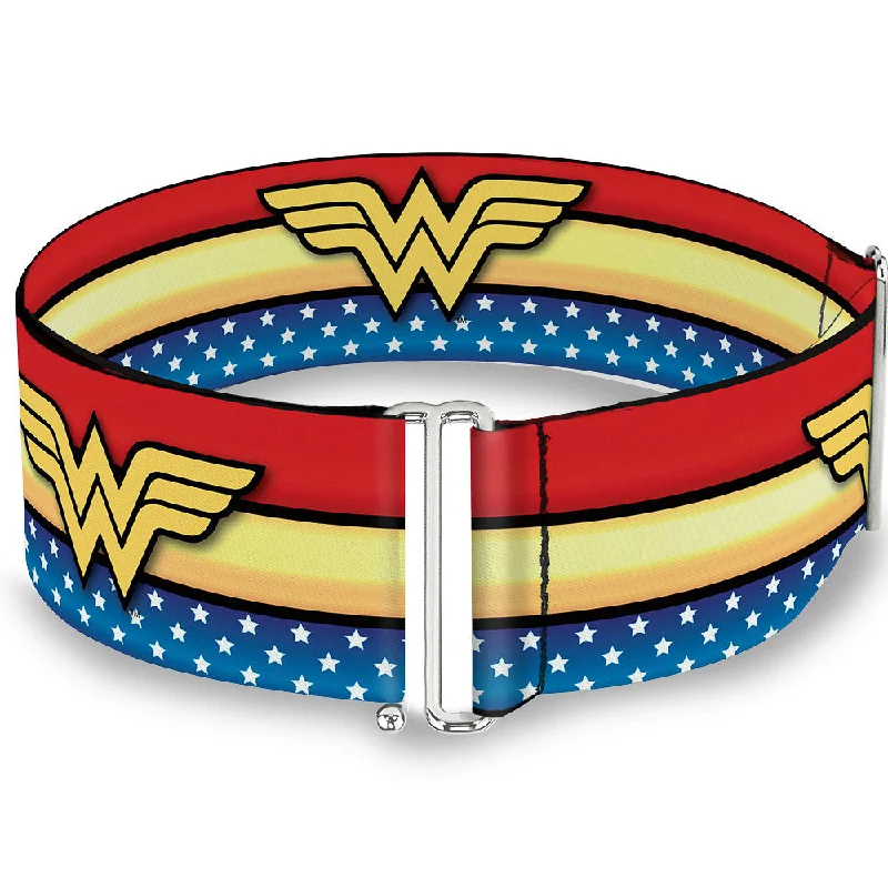 Womens Belts clay chic-Cinch Waist Belt - Wonder Woman Logo Stripe Stars Red Gold Blue White