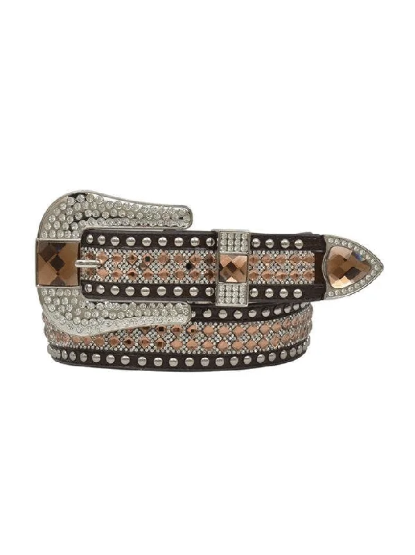 Womens Belts lax stretch-Angel Ranch DA1814 Womens Gator Print Crystal Mesh Inlay Belt Brown