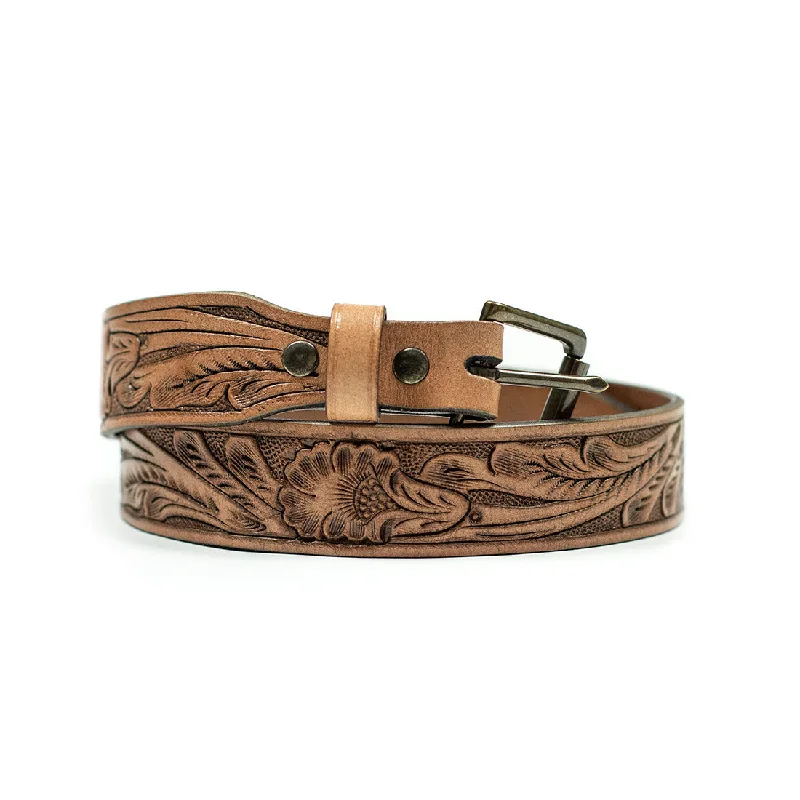 Hand tooled leather belt in cognac