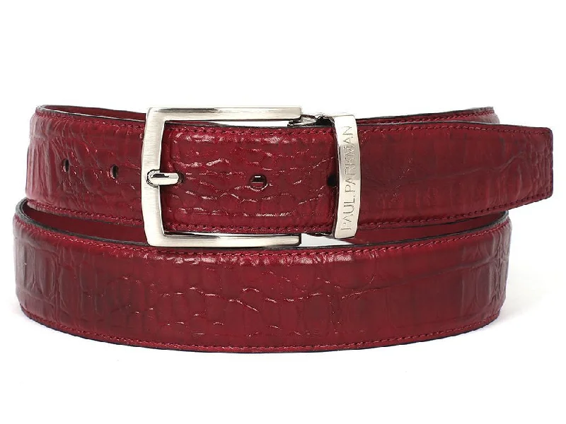 Mens Belts prong-PAUL PARKMAN Men's Croc Embossed Calfskin Belt Burgundy (ID#B02-BUR)