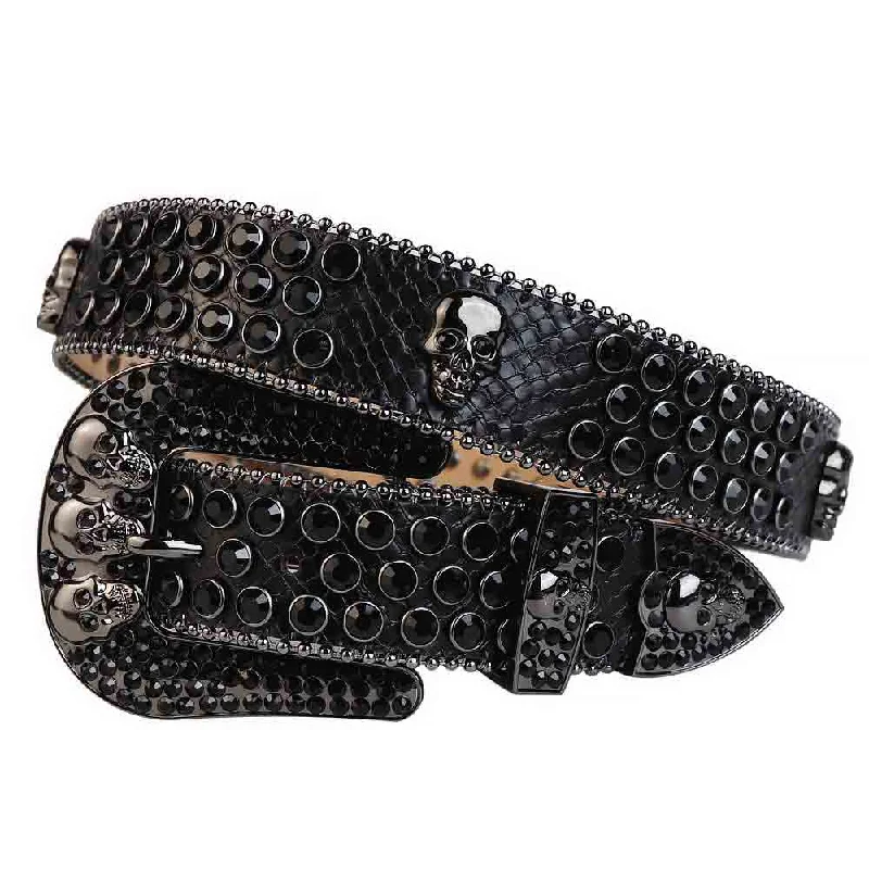 belt buckle UV protected-Black Leather Belt And Black Buckle Studded with Black Rhinestones