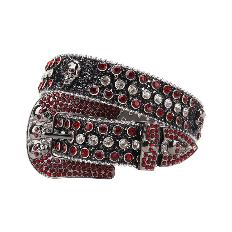 belt buckle walmart buy-Skull Black Strap With Red & Silver Rhinestone Belt