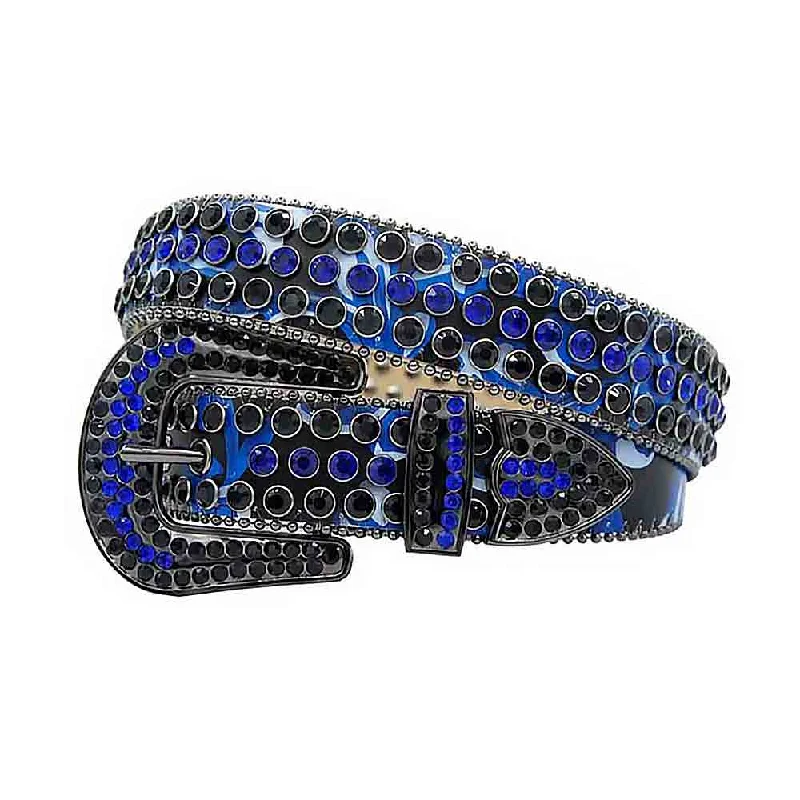 belt buckle cold weather-Blue & Black Strap With Royal Blue & Black Studded Rhinestone Belt