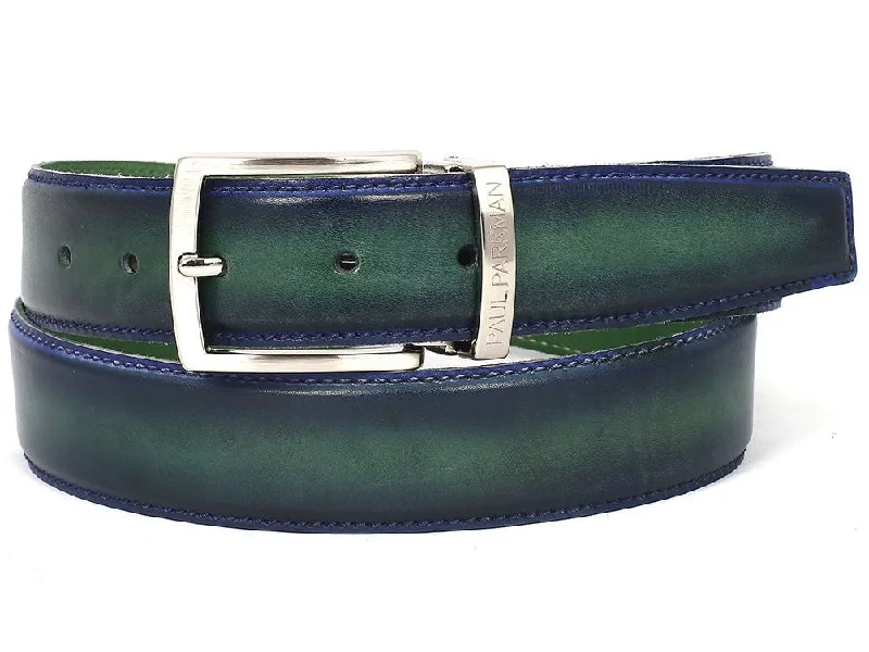 Mens Belts oval-buckle-PAUL PARKMAN Men's Leather Belt Dual Tone Blue & Green (ID#B01-BLU-GRN)