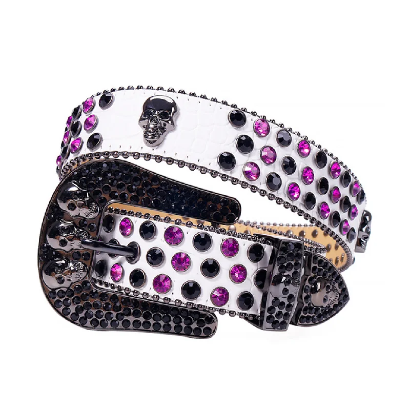 belt buckle priority mail-Skull White Strap With Purple & Black Rhinestone Belt