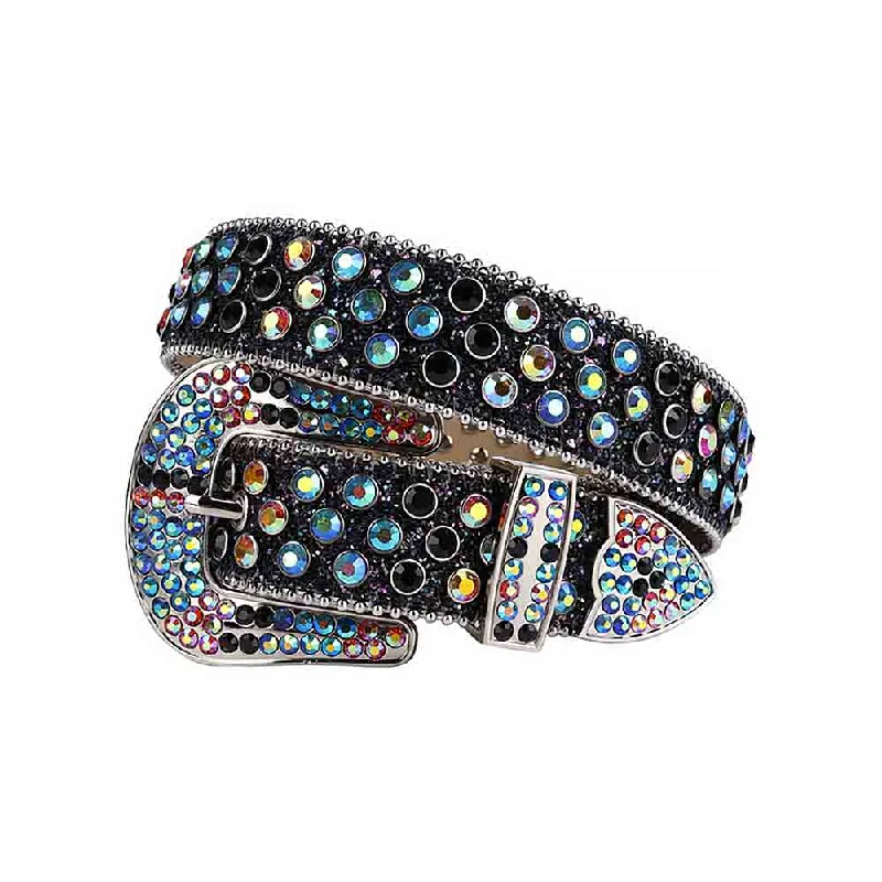 belt buckle target sale-Black Strap With Black & Multi Studded Rhinestone Belt