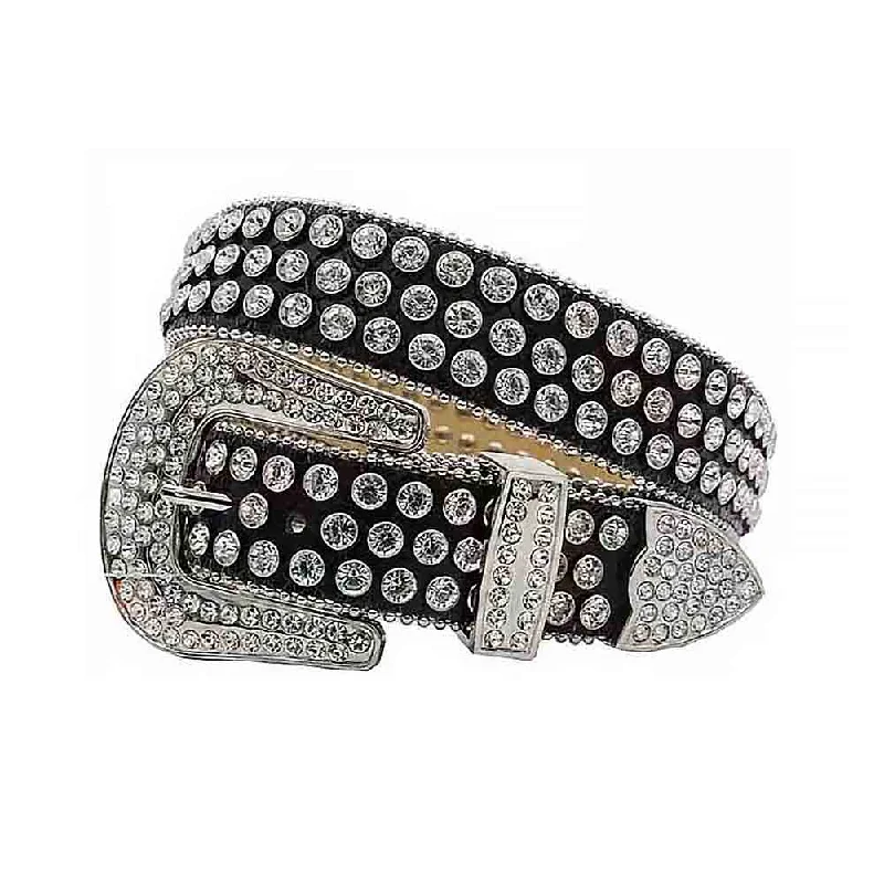 belt buckle farmer look-Black Strap With Sparkling White Studded Rhinestone Belt