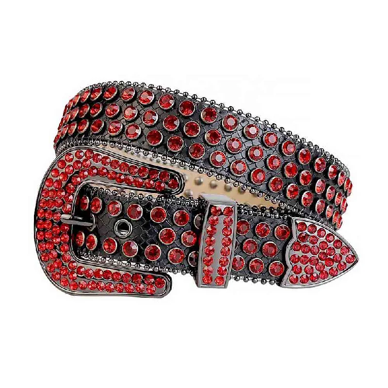 belt buckle limited stock-Black Strap With Red Studded Rhinestone Belt with Black Red Buckle