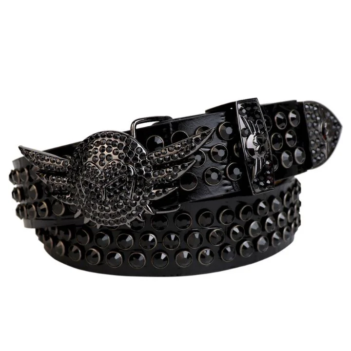 belt buckle flea market-Black Strap With Black Studded Rhinestone Belt and Black Wings Shaped Black Buckle