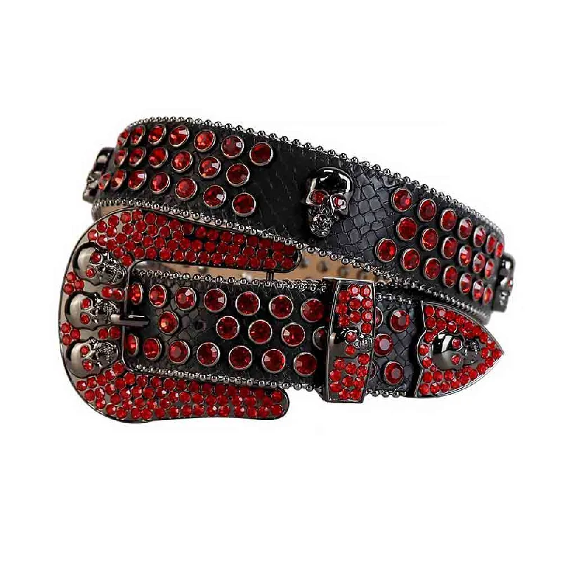 belt buckle metal polish-Black Strap With Red Studded Rhinestone Belt with Black Skulls Red Buckle