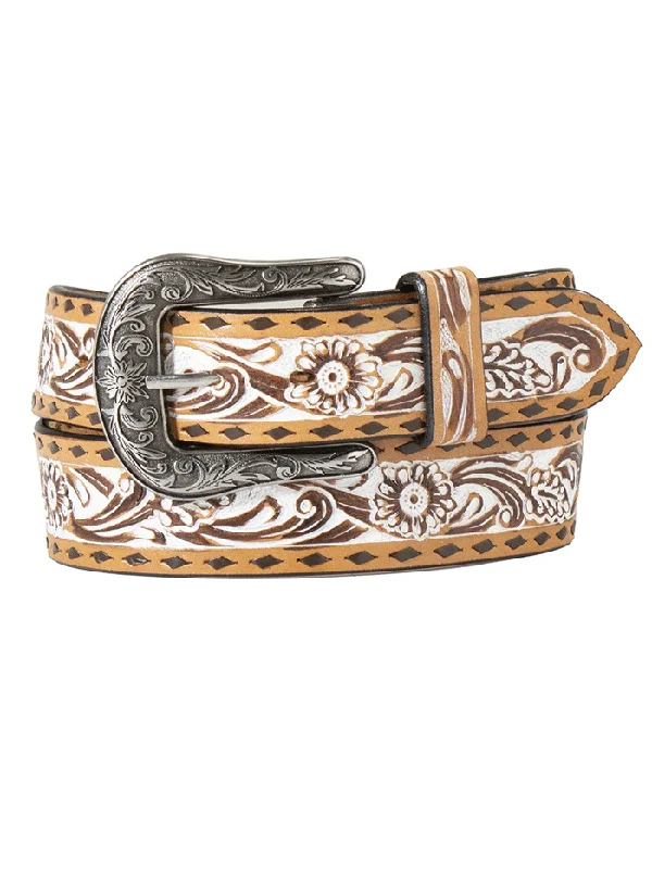 Womens Belts jade sheen-Angel Ranch D140006008 Womens Hand Tooled Floral Belt White Stain Tan