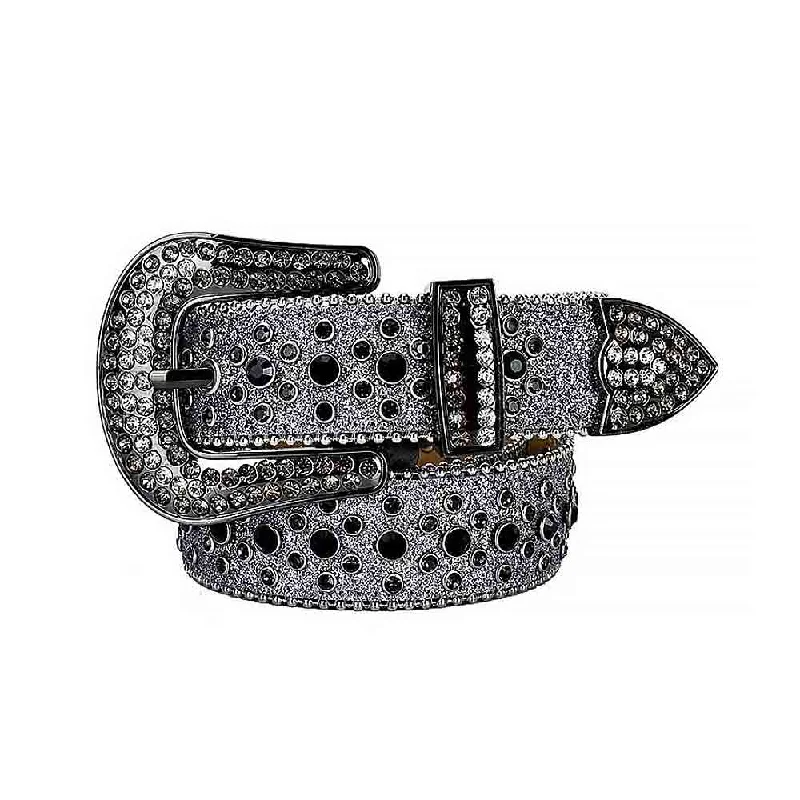 belt buckle vintage shop-Glitter Grey Strap With Black Studded Rhinestone Belt