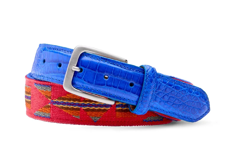 Aztec Needlepoint Belt with Croc Tabs and Brushed Nickel Buckle