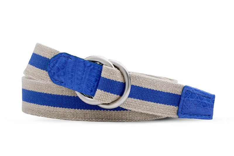 Striped Linen Stretch Belt with Croc Tabs and Brushed Nickel O-Ring Buckles