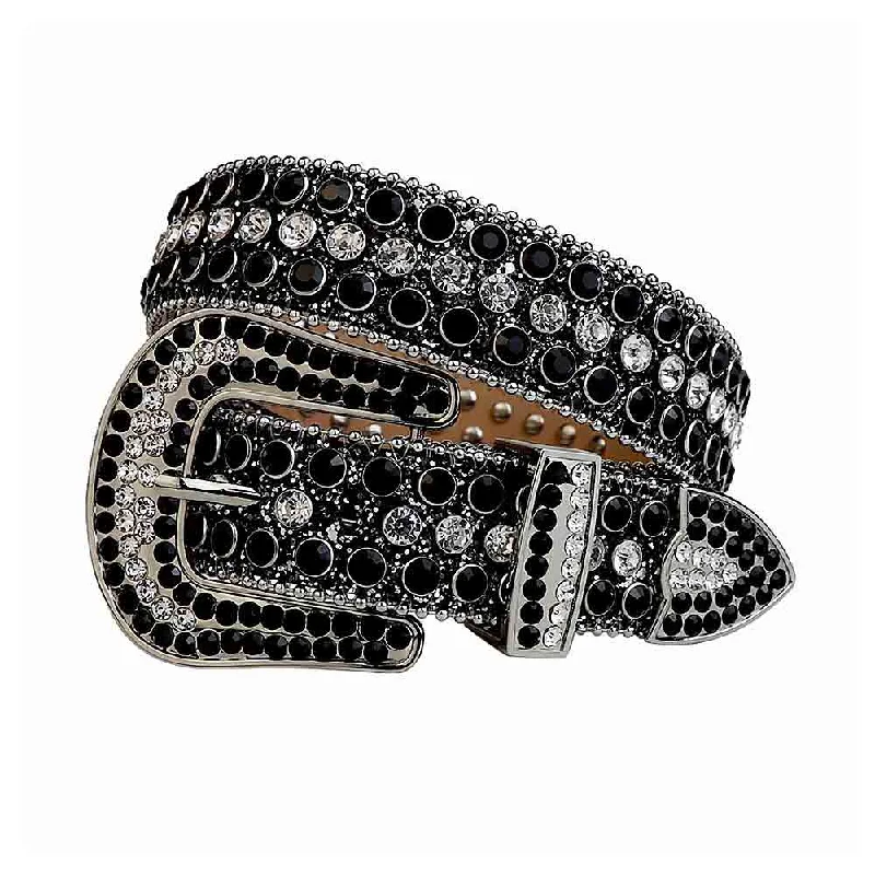 belt buckle leather repair-Black Strap With Diamond White & Black Studded Rhinestone Belt