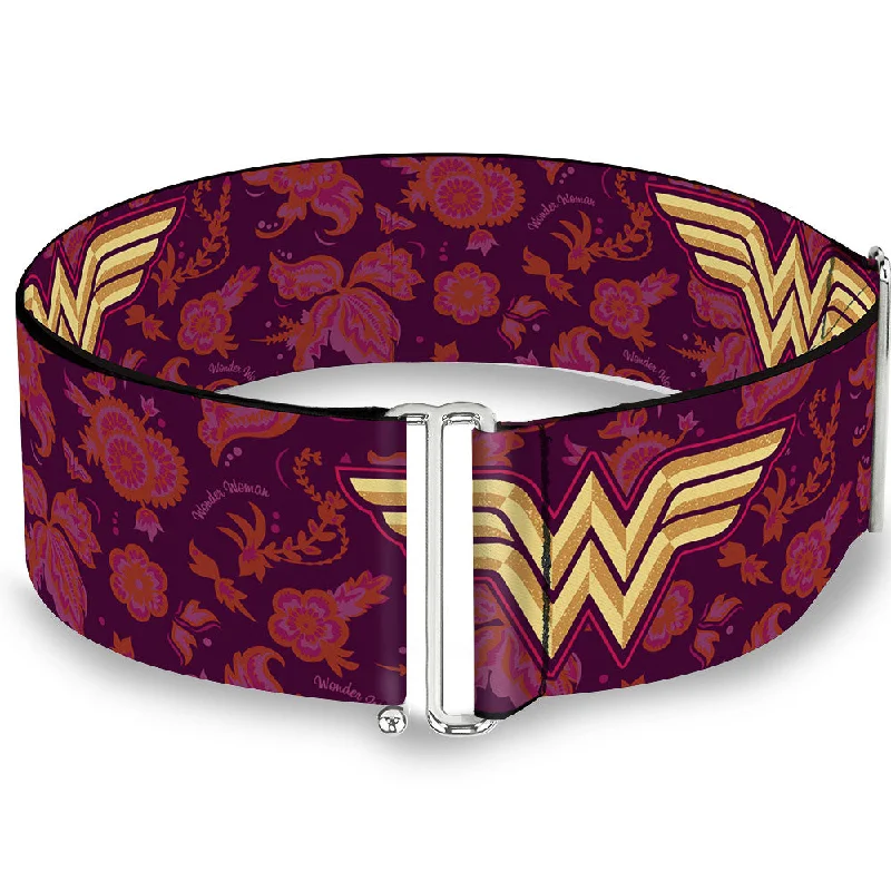 Womens Belts wave bow-Cinch Waist Belt - Wonder Woman Logo Floral Collage Purple Pinks Gold