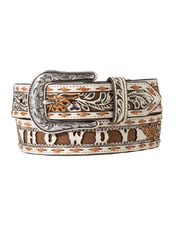 Womens Belts hoop clasp-Angel Ranch D140006512 Womens Howdy Filigree Belt Brown Ivory